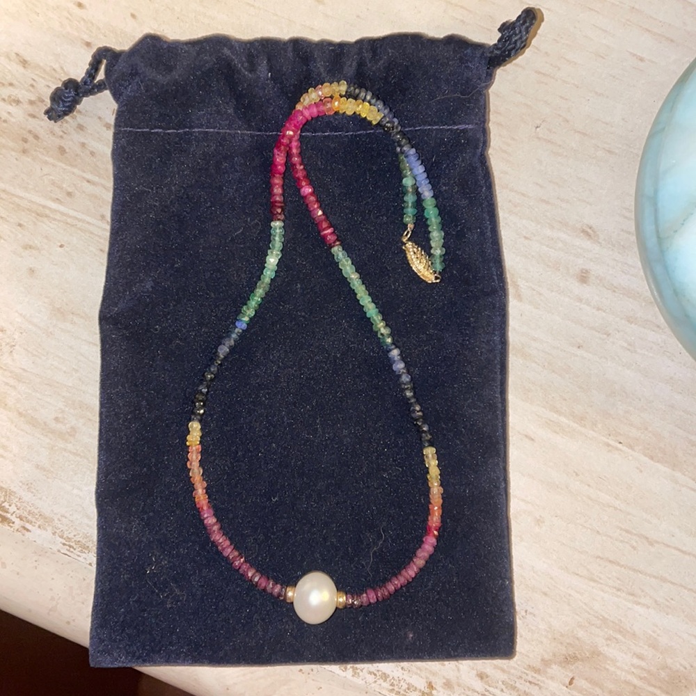 Multi Rainbow Raw Sapphires Pearl Necklace